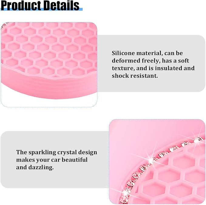 HZEL 4PCS Bling Car Cup Holder Coaster, Shiny Crystal Rhinestone Silicone Dustproof Drink Cup Insert Pad, Dazzling Automotive Interior Water Bottle Holder Embedded Mat, Universal Fit (Pink)
