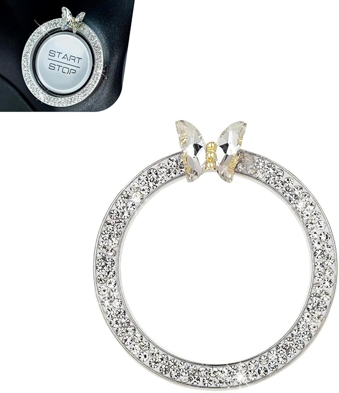 Bling Car Engine Start Stop Decoration Ring, Crystal Rhinestone Butterfly for Car Button Ring, Auto Interior Accessories for Women, Push to Start Button Cover Decoration (White)