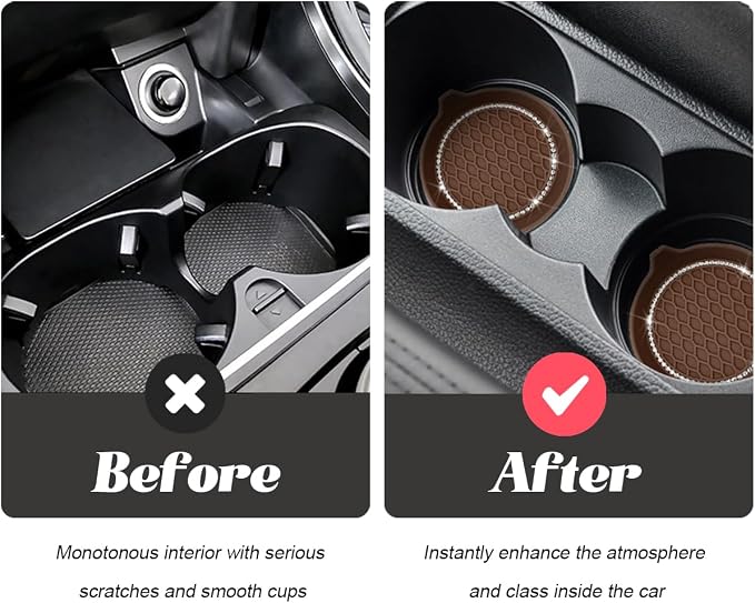 4PCS Bling Car Cup Holder Coaster, Crystal Rhinestone Insert Dustproof Non-Slip Drink Cup Mat, Diamond Shockproof Auto Interior Water Bottle Pad Cushion Coaster, Universal Fit (Coffee)