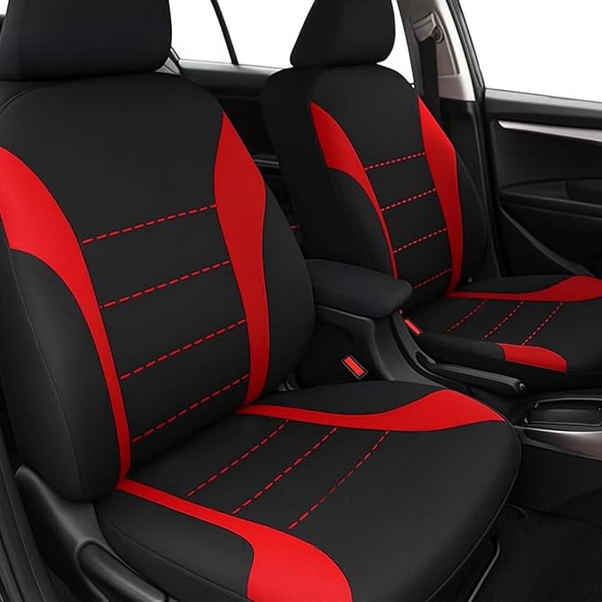 Car Seat Cover Full Set, Fashion Soft Sponge Vehicle Front and Rear Split Bench with Removable Headrest Cover, Breathable Auto Seat Protector, Universal for Truck SUV Sedan (Red/Black)