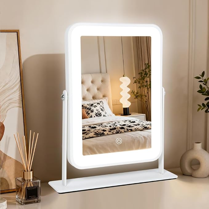 YEKKOPT Small Desk Mirror with Lights, Lighted Makeup Mirror with Light, Portable Tabletop Make Up Mirror for Desk, Vanity Mirror with Lights,Smart Touch Control, Dual Power Supply, 360°Rotation