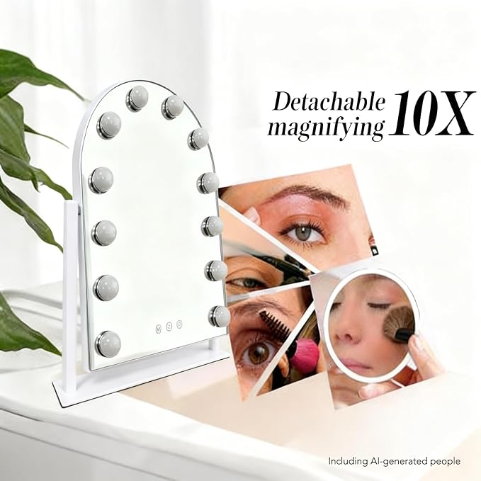 Arched Makeup Vanity Mirror with LED Lights Makeup Mirror Detachable 10X Magnification, Hollywood Make Up Mirror with Lighting, Smart Touch, Rechargeable,360° Rotation, White 18.5"x 14.17"