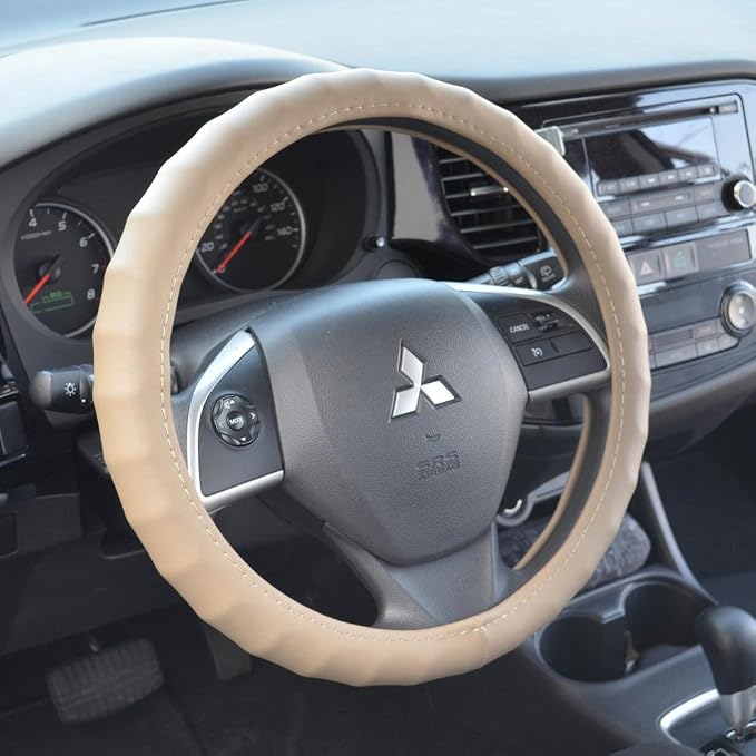 Motor Trend Ergonomic Grip Steering Wheel Cover/Protector for Small Size Steering Wheels in Cars, SUVs, Boats (13.5-14.5") (Genuine Leather (Beige))