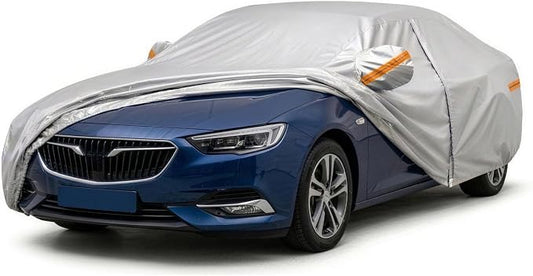 Mid-Size Sedan Car Covers for Automobiles All Weather Waterproof, 6 Layers Heavy Duty Car Tarp Universal Fit for Buick Regal, Cadillac CT4, Mazda 6, Chevy Malibu, Ford Fusion, Kia K5 Optima