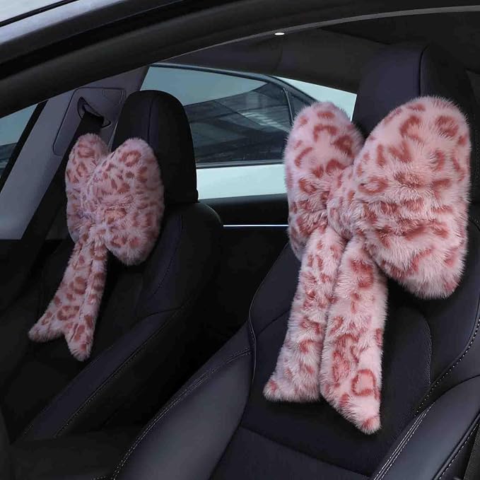 Macarrie 2 Pcs Leopard Car Neck Pillow Plush Butterfly Bow Car Headrest Pillow Comfortable Seat Neck Support Cute Head Rest Accessories for Driving Travel Driver Chair Girl Interior Decor(Pink)