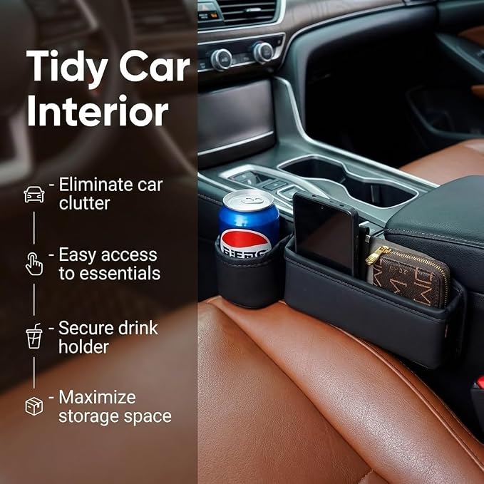 2-Pack Car Seat Gap Filler Organizer with Cup Holder - Premium Leather - Universal Fit - Keeps Phone/Wallets/Keys/Cans Organized (Driver & Passenger Side)