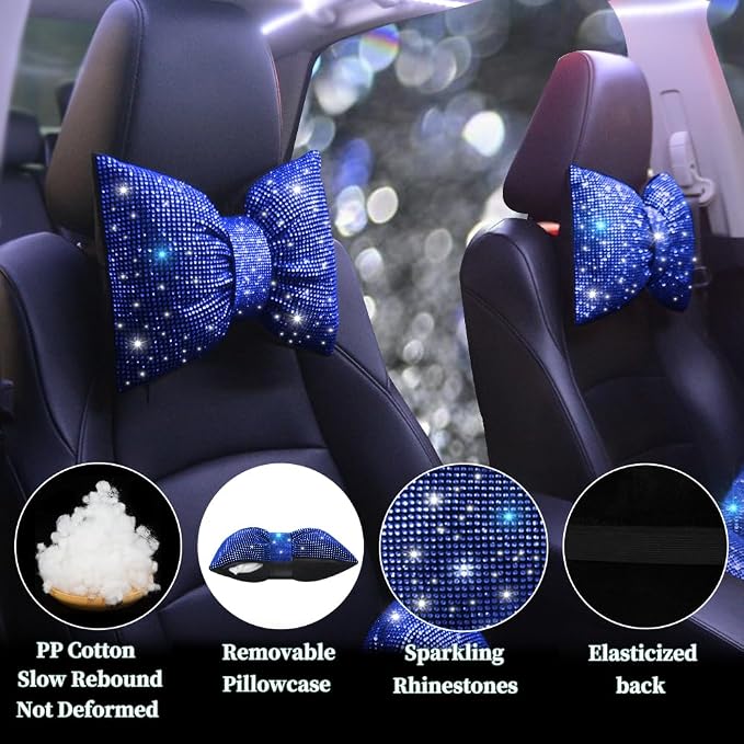 Automotive Headrest Cushion Colorful Bowknot Car Headrest Pillow Bling Bling Rhinestones and Crystal Support Black Bling Auto Accessories Driver Neck Support Blue 2Pcs