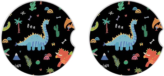 Cute Dinosaur Cup Holders Car Coasters Set for Women/Men,2.56" 2 Pack Universal Auto Anti Slip Coaster with A Finger Notch,Ceramic Stone with a Finger Notch for Easy Move.
