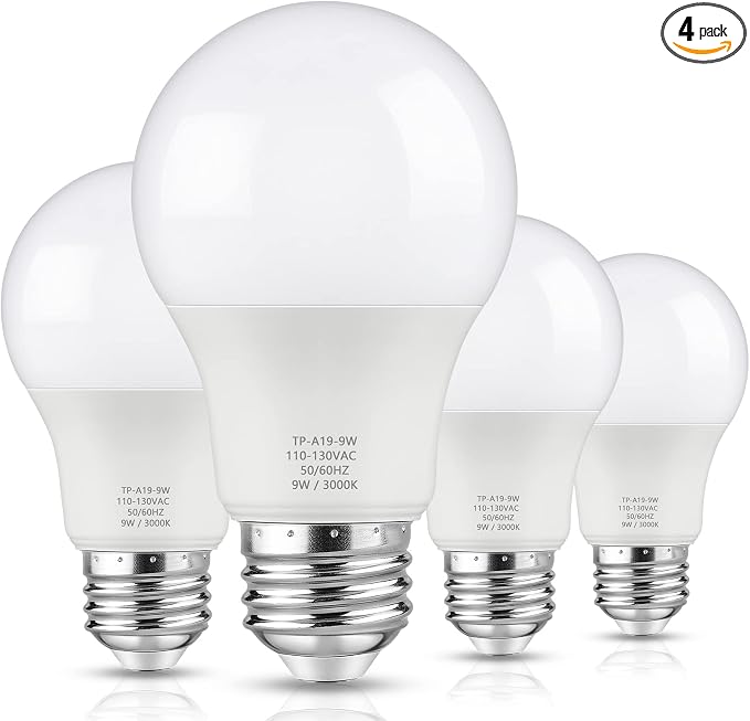 Maylaywood A19 LED Light Bulbs, 60 Watt Equivalent, Soft White 3000K, 850LM, E26 Base, Non-Dimmable, 9W Bright White LED Bulb, 4-Pack