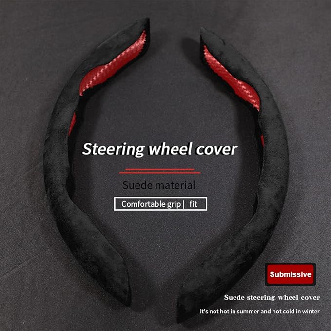 Car Steering Wheel Cover, Microfiber Suede Leather and Carbon Fiber Double Sided Design, Warm in Winter and Cool in Summer, Breathable Non Slip Segmented Protector for Most Cars (Turn Fur/Black)