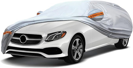 6-Layer Full Car Cover is All-Weather Waterproof, Fit for 197"-207" Length Sedan, Universal in All Seasons, Snow Prevention, Rainproof, Acid Rainproof, Sunscreen, Orange Reflective Strip