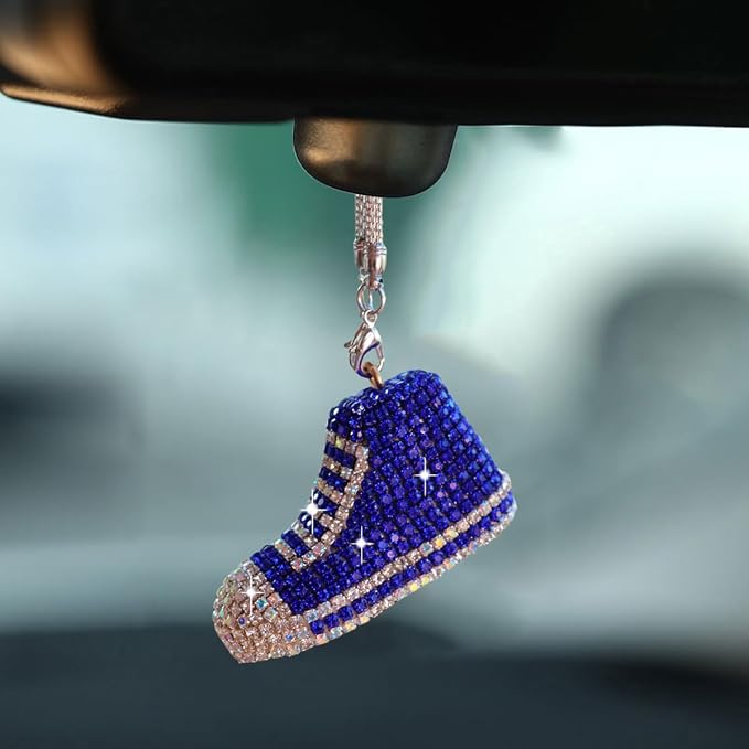 Bling Sneaker Shoe Sparkly Car Hanging Ornament, Cute Crystal Rear View Mirror Pendant, Diamond Rearview Mirror Charms, Lucky Car Interior Decor Accessories (Blue)