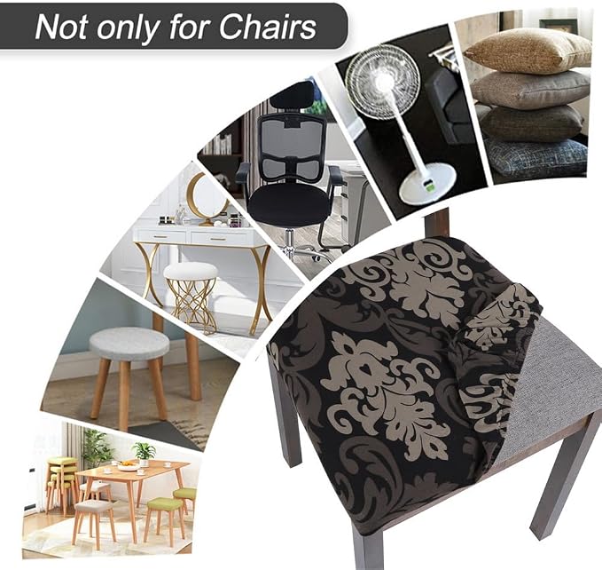 SearchI Seat Covers for Dining Room Chairs Stretch Printed Chair Seat Covers Set of 4, Removable Washable Upholstered Chair Seat Protector Cushion Slipcovers for Kitchen, Office(Black/Brown)