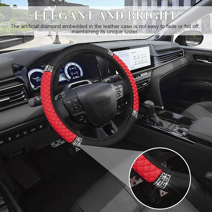 Bling Soft Leather Steering Wheel Cover, 15 Inch Colorful Rhinestones Auto Elastic Steering Wheel Protector for Women Girls, Car Accessories Anti Slip Steering Wheel Cover for Cars, SUVs (Red)