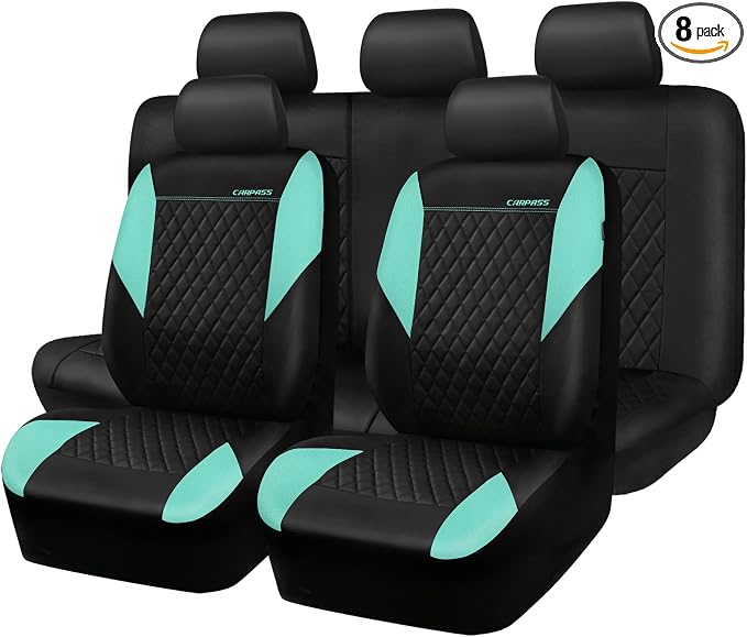 CAR PASS Mint Leather Seat Covers Full Set-Universal Quilting Cute Girly Car Seat Cover with 5mm Composite Sponge Inside,Airbag Compatible,2zipper Bench for Most Sedan,SUV,Truck(Full Set,Mint)