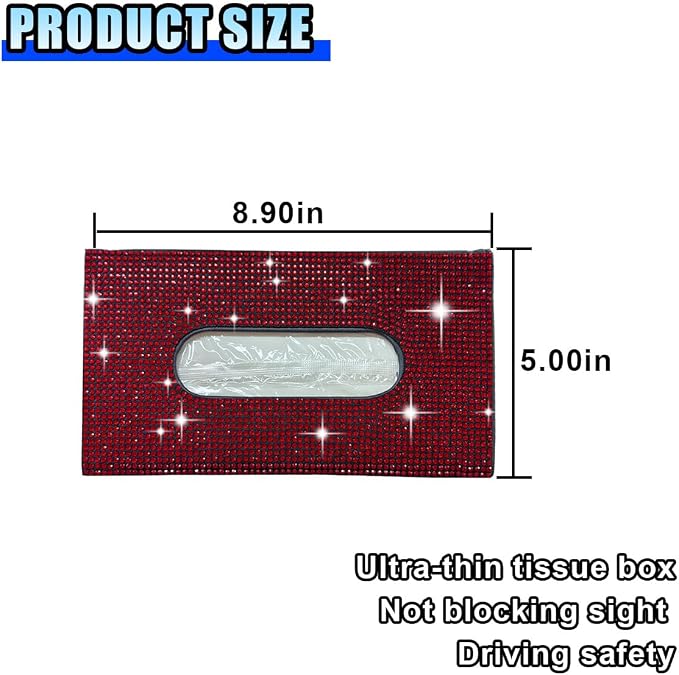 Bling Car Sun Visor Tissue Box Holder, PU Leather Auto Paper Towel Cover, Glitter Crystal Rhinestone Napkin Holder, Car Decoration Accessories for Women (Black/Red)