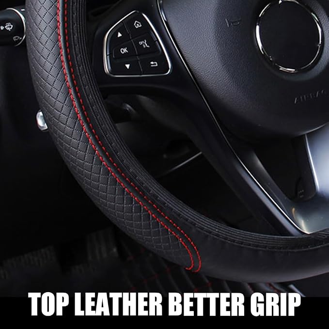 Car Steering Wheel Cover, Universal 14.5-15 Inch Black Leather Steering Wheel Wrap with Better Sport Grip for Men Women, Anti-Slip Breathable Car Interior Accessories for Most Vehicless (Black red2)