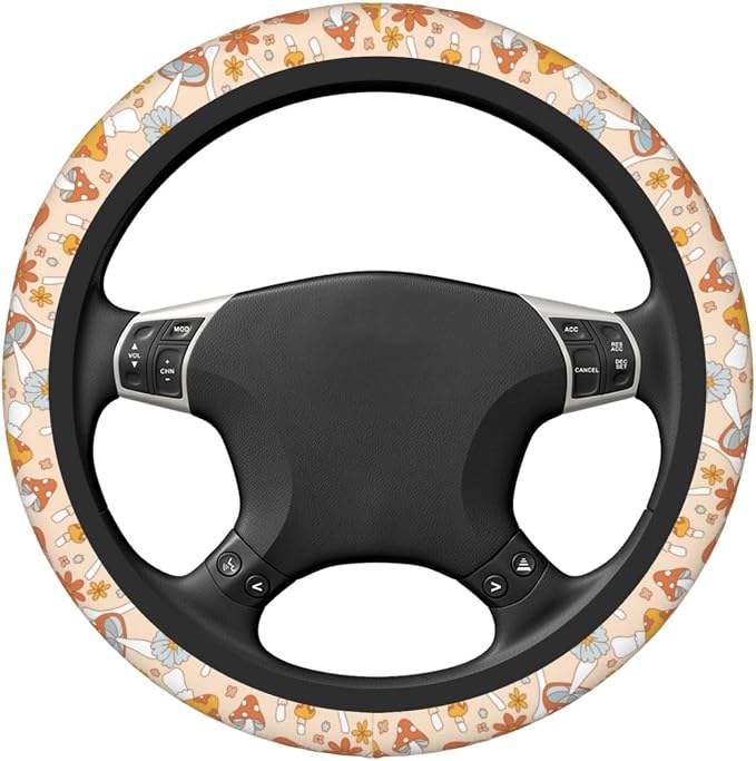 Hippie Mushroom Groovy 70s 80s Flower Steering Wheel Cover For Women Men Girls Car Accessories Decor Anti-Slip Neoprene Auto Steering Wheel Covers Protector Universal 15 Inch