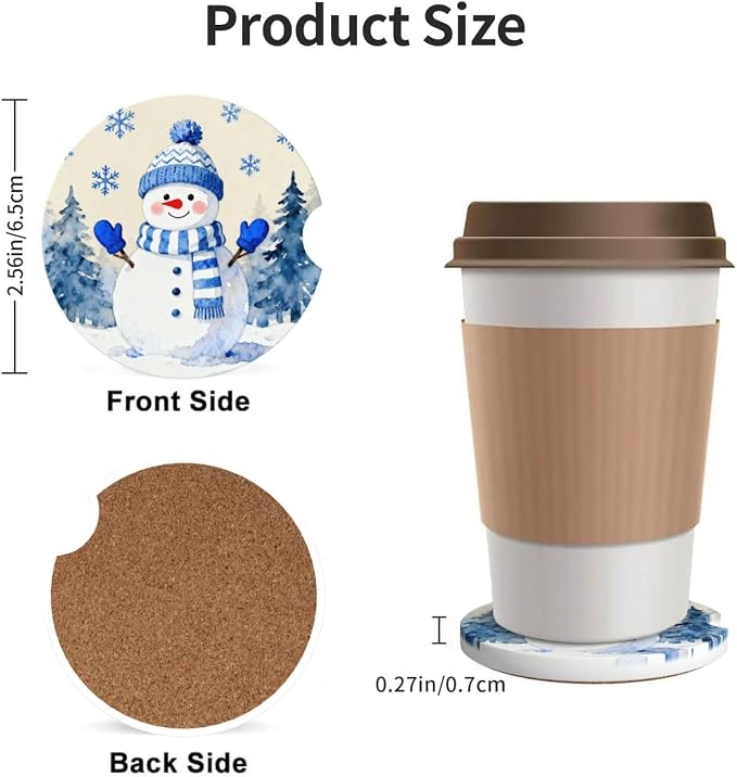 Snowman Snowflakes Winter 2 Pack Car Cup Holder Coasters Absorbent Ceramic Drink Coasters 2.56" Universal Anti Slip Cup Mat with Cork Base Finger Notch Auto Accessories Interior for Women Men