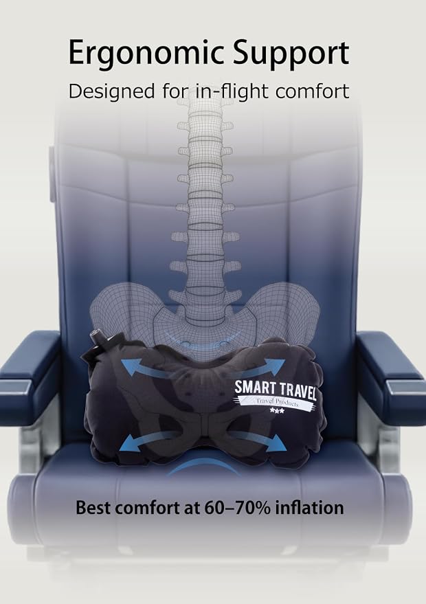 SmartTravel Inflatable Lumbar Support Travel Pillow for Airplane Seat | Adjustable firm back support cushion for long flights, office & car; eases lower back discomfort; self-inflates, packs small
