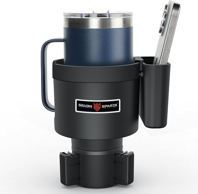 Seven Sparta Cup Holder Expander with Phone Holder & Cable Access, 3-in-1 Car Organizer, Side Storage Box for Phone/Cards, Compatible with Yeti, Owala, Hydro Flasks & Large Bottles Mugs in 3.4"-3.8"
