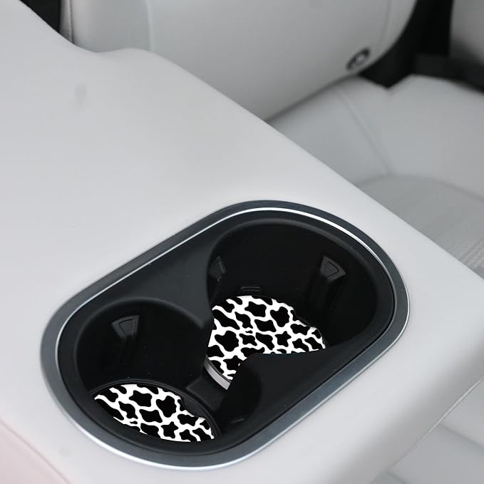 Cute Cow Print Animal Themed Black and White Ceramic Cup Holders Car Coasters Set for Women/Men,Drink Cup Car Holder Coasters with A Finger Notch 2.56" Pack of 2