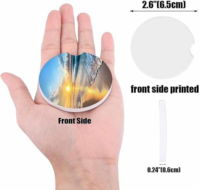 Small Car Coasters for Cup Holders 2.65" Absorbent 2 Pack Car Coaster Ceramic Stone for Drinks Absorb Water Drops Ocean Theme Sand Beach Wave Sea Water Pattern