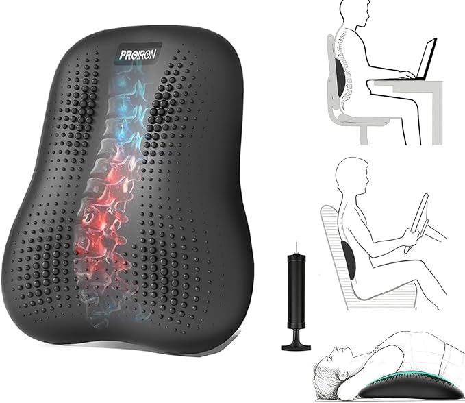 Lumbar Support Pillow, Inflatable Rubber Lumbar Pillow for Lower Back Pain Relief - Car Back Cushion for Driving Seat, Office Chair, Back Support Stretcher, Waterproof, Adjustable Thick, 12''Lx 14''H