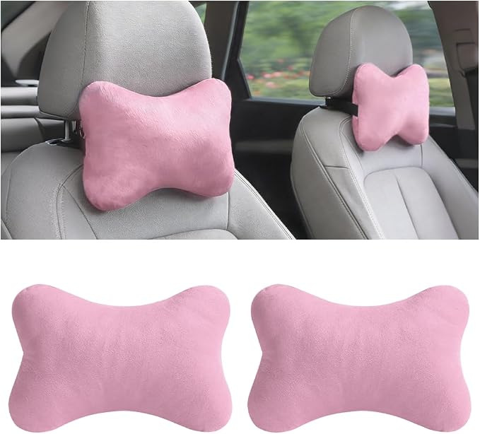 2PCS Car Neck Pillow, Soft Comfortable Vehicle Seat Neck Support Pillow Cushion for Relief Driving Fatigue, Breathable Auto Interior Headrest Neck Rest Pad, Universal for Vehicles (Pink)