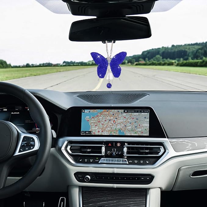 JOYCOURT Bling Butterfly Diamond Car Hanging Accessories for Women,DarkBlue | Crystal Butterfly Rear View Mirror Luck Car Decoration Accessories, Valentine's Day Presents Ornament Pendant for All Cars