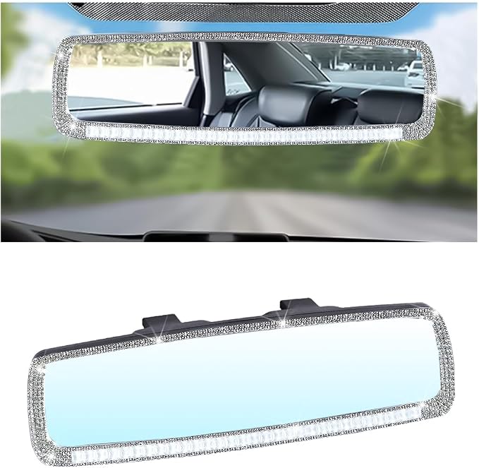 Osilly Bling Car Rearview Mirror, Decorations Rear View Mirror with Crystal Rhinestones & Diamonds, Car Interior Trim Accessories, Clip-on & HD Glass, Sparkly Gift (White)