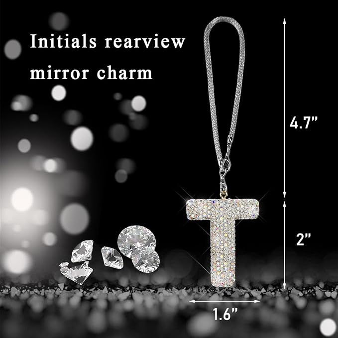 DXNQ Bling Initial Car Rear View Mirror Ornament, Crystal Sparkling Cute Letter Charm Pendant Auto Decor, Hanging Lucky Diamond Initial Charm Car Mirror Bag Ornament for Girl Women (Letter T)