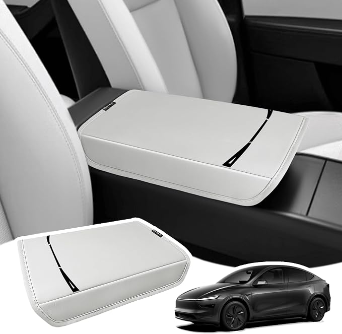 Muslogy Center Console Armrest Cover Fit for Tesla Model Y Refresh 2026 Accessories, Comfort Armrest Pad Console Lid Cushion Vegan Leather Regular Thick (Cream)