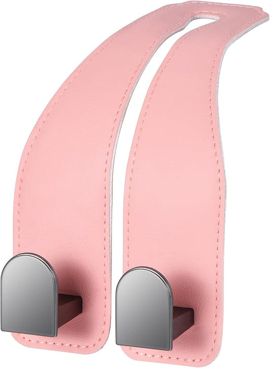 Car Hooks for Headrest, Leather Car Seat Back Storage Organizer Interior Accessories, Auto Seat Hook Hangers for Purse Umbrellas Handbag Clothes Coats Grocery Bags (Pink-1 Pack)
