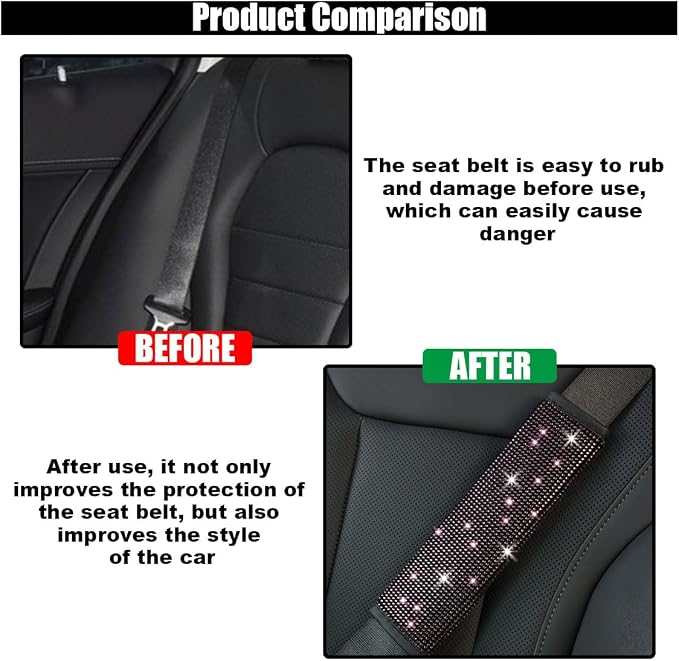 GLSOWEE 2PCS Bling Car Seat Belt Shoulder Pads for Women, Pink Diamond | Bling Rhinestones Seat Belt Covers, Car Seatbelt Strap Pad with Crystal Diamond, Car Interior Accessories for Car SUV