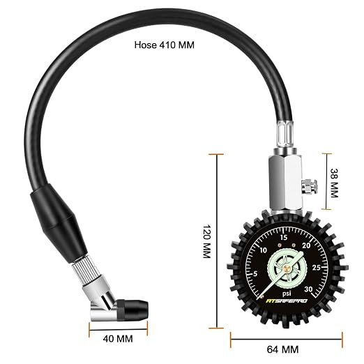 ATsafepro Low Pressure Tire Gauge to 30PSI, 2.5” Mechanical Tire Gauge with Flexible Hose and Angled Chuck, Analog Air Pressure Gauge Glow in The Dark for ATV, Off Road, Lawn Mower Etc