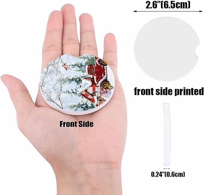 Car Coasters for Cup Holders 2.6"Dia Absorbent Coasters Set of 4 Car Interior Accessories for Women Men Ceramic Car Coaster for Drinks with Finger Grooves,Christmas Winter Snowflakes Snowman Truck Red