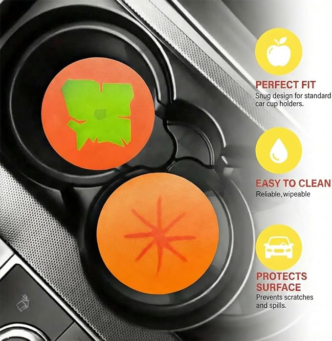 2PCS Fruit Pattern Car Cup Coasters, Cute Drink Insert Coaster, Non-Slip Car Cup Holder Coaster, Automotive Interior Accessories Water Bottle Holder Pad for Most Vehicles (Orange)