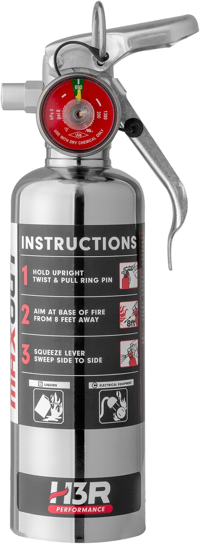 MaxOut Compact Fire Extinguisher for Vehicles – Cars, Trucks, UTVs, RVs & Boats | Off-Road Ready | Refillable Purple K Dry Chemical | Class BC | Mounting Bracket | UL Listed | Chrome 1.0 lb