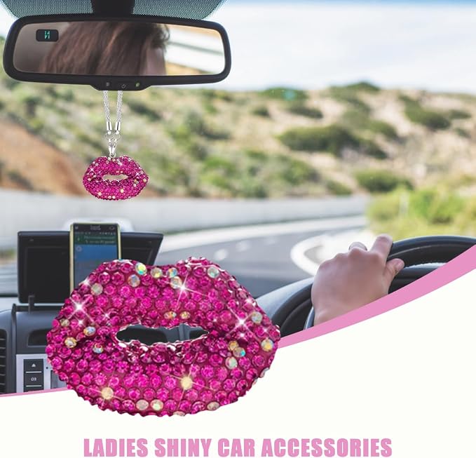 Bittwee Bling Lip Diamond Car Hanging, Crystal Rinestones Auto Rear View Mirror Charms Ornament, Lucky Vehicle Interior Pendant Decoration Accessories, Universal for SUV Sedan Truck(Rose Red)