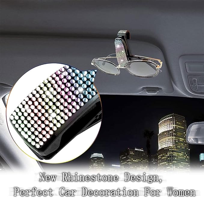 2PCS Bling Rhinestone Car Sun Visor Glasses Holders W/Anti-Scratch Sponge | Car Decoration for Women Girls,Ticket Card Clip Visor Organizer,Universal Rhinestone Auto Accessories