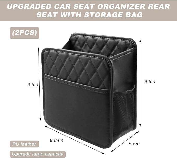 DXNQ 2 PCS Car Seat Back Organizer, Large Capacity Foldable Car Seat Back Hanging Bag with 3 Extra Pockets, Waterproof Leather Auto Seats Storage Organizer, Car Travel Essentials Accessories (Black)