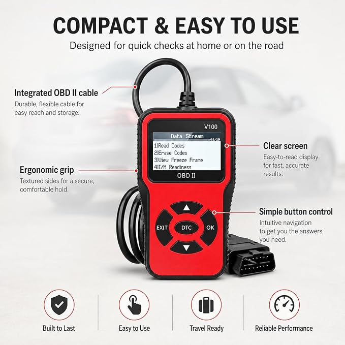 V100 OBD2 Diagnostic Diagnostic Tool Tool, Code Reader, Engine Light Diagnostic Tool, Battery Voltage Tester, for OBD2 Cars & Trucks Since 1996