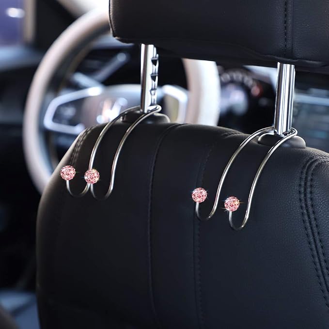 SAVORI Auto Hooks Bling Car Hangers Organizer Seat Headrest Hooks Strong and Durable Backseat Hanger Storage Universal for SUV Truck Vehicle 2 Pack (Pink)