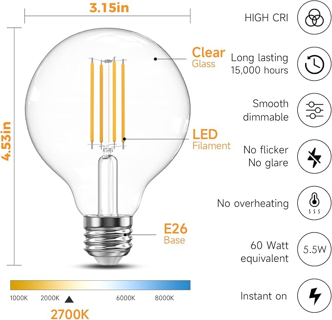 TJOY G25 Edison Globe Light Bulbs, LED Vanity Light Bulb for Bathroom, 60W Equivalent, 2700K Warm White, 500 Lumens, 5.5W, Dimmable, Clear Vintage Filament Globe, E26 Base, for Chandelier, 6 Pack