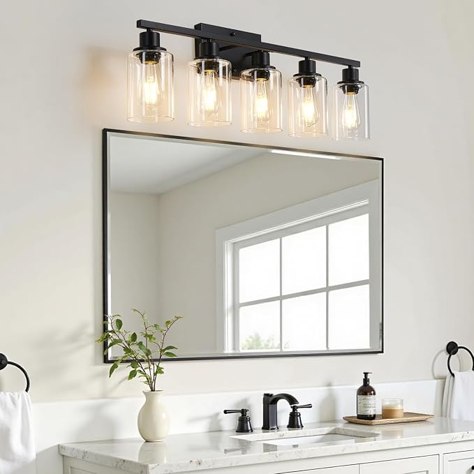 MOKATNG 5-Light Bathroom Light Fixtures, Vanity Light with Clear Glass Shades, Matte Black Bathroom Light Fixtures Over Mirror, Modern Bathroom Wall Lamp for Mirror Living Room Cabinet Bedroom
