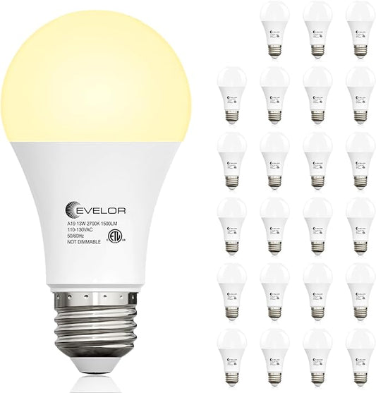 evelor 24-Packs A19 LED Light Bulbs,100 Watt Equivalent 2700K Soft White Bright Bulbs Efficient 13W,1500 Lumens E26 Base, Non-Dimmable, 15000-Hour Lifespan for Bedroom, Living Room, Office