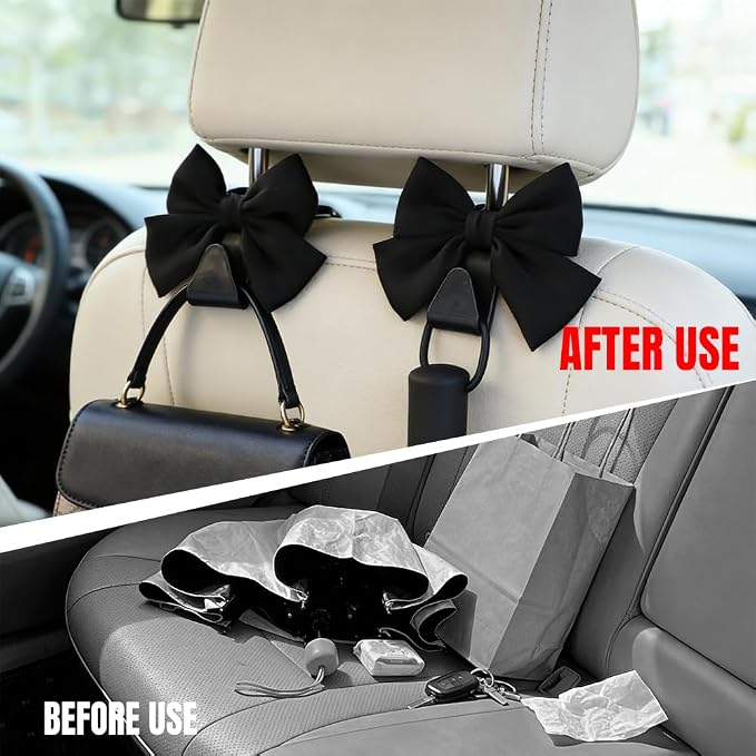 2PCS Car Seat Headrest Hooks, Car Purse Hook, Cute Bow Knot Vehicle Seatback Hanging Storage Organizer, Auto Seatback Decor Organizer Hanger for SUV Truck (Black)