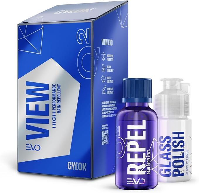 GYEON View EVO Ceramic Hydrophobic Windshield Coating for High Visibility | Ceramic windshield coating causes rain to bead and clear at speed — improves wet-weather visibility for up to 12 months 30ml