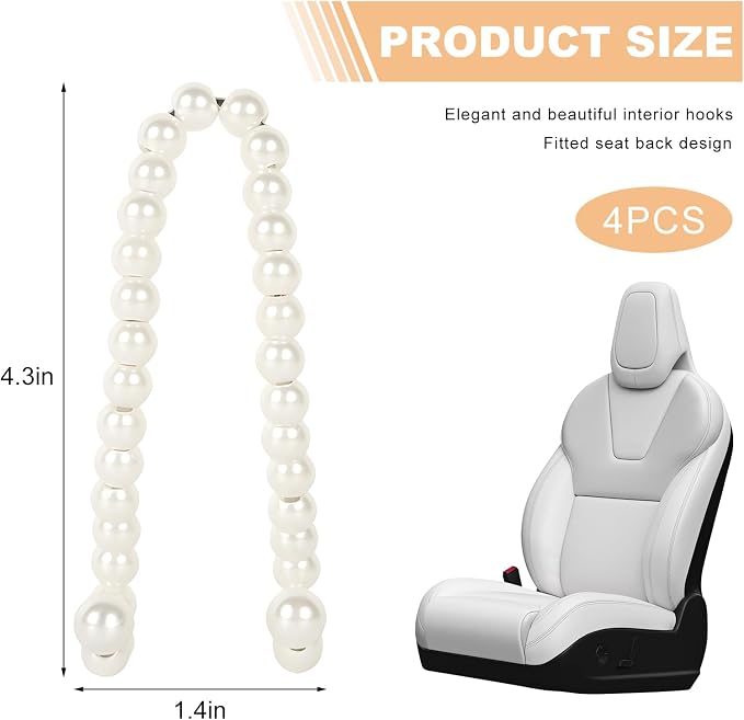 4 PCS Elegant Pearl Car Seat Headrest Hook, Cute Pearl Car Seat Back Hook Storage Organizer, Exquisite Headrest Hanger Purse Holder Interior Decoration for Women Girls